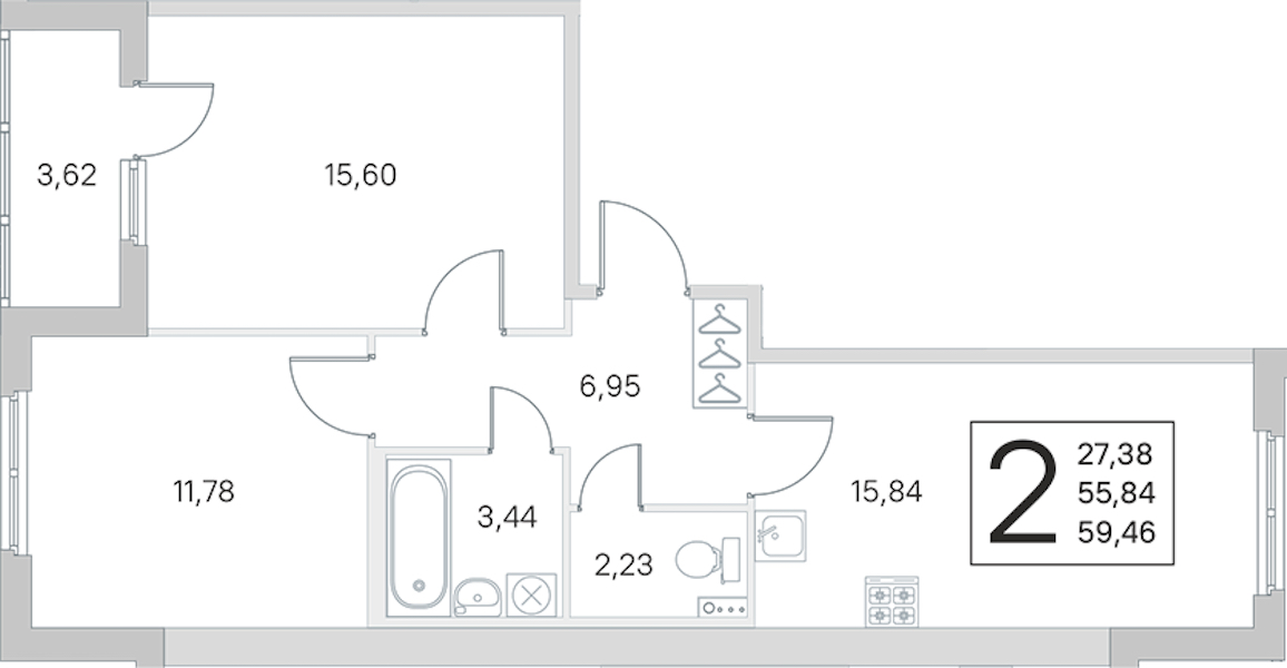 2-комнатная квартира 55.84 м², 1/4 эт., ЖК «Любоград в Стрельне»